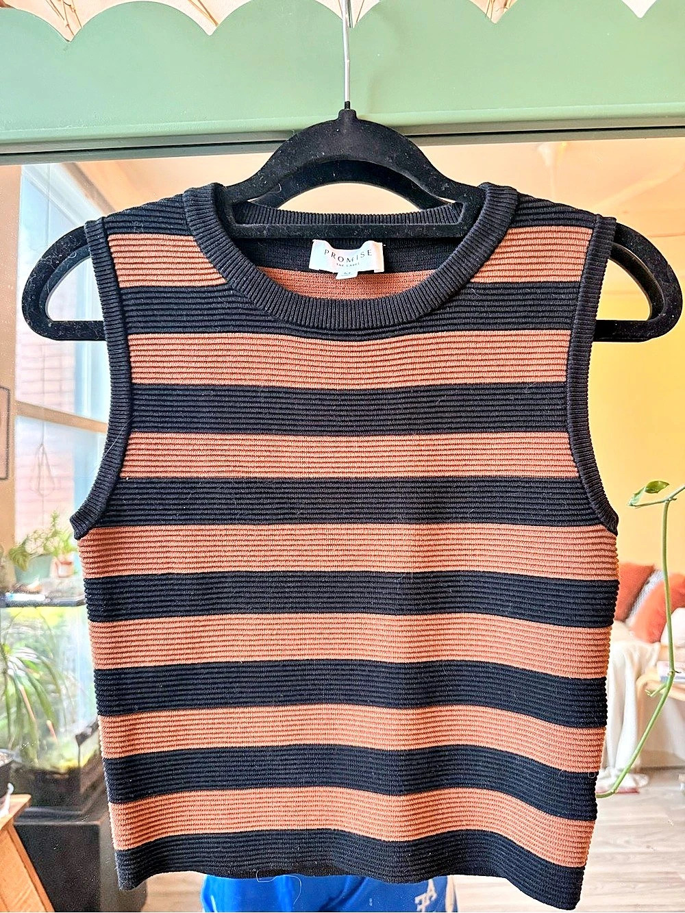 Promise Striped Crewneck Top in Black & Brown Size Medium